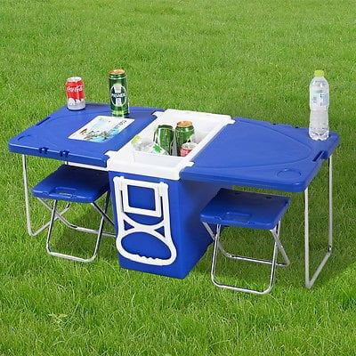 Multi Function Rolling Cooler Picnic Camping Outdoor w/ Table & 2 Chairs Blue